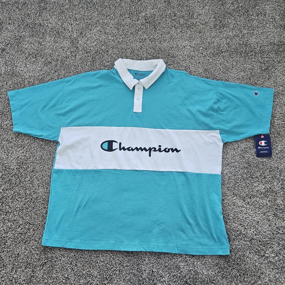 Champion Mens Polo Shirt XL Turquoise Blue White Short Sleeve NWT Golf